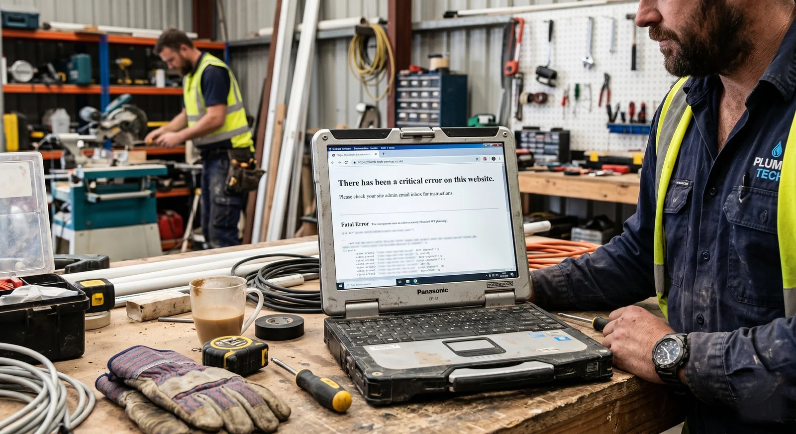 A rugged Panasonic Toughbook laptop on a workshop bench showing a WordPress critical error message: 'There has been a critical error on this website. Please check your site admin email inbox for instructions.' A plumber in a hi-vis vest stands at the bench, with tools and a coffee mug visible.